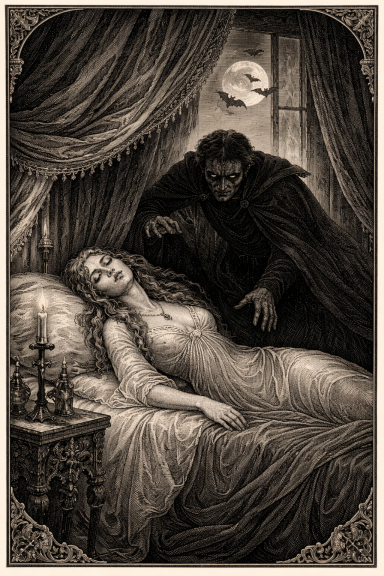 Un hombre se inclina sobre una mujer dormida en una habitación oscura y misteriosa.