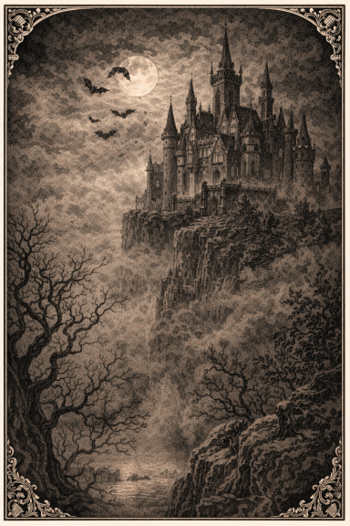 Castillo gótico en una colina, rodeado de nubes y murciélagos en un cielo nocturno.