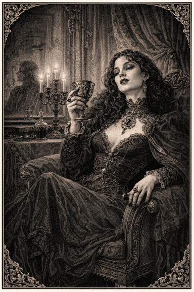 Mujer elegante con vestido oscuro, sosteniendo una copa, en un ambiente gótico.