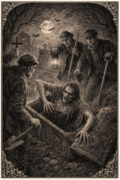 Hombres cavando una tumba bajo la luz de la luna, con un rescatado emergiendo.