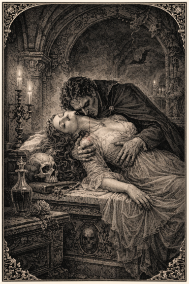 Un vampiro abraza a una mujer en un ambiente sombrío y gótico.