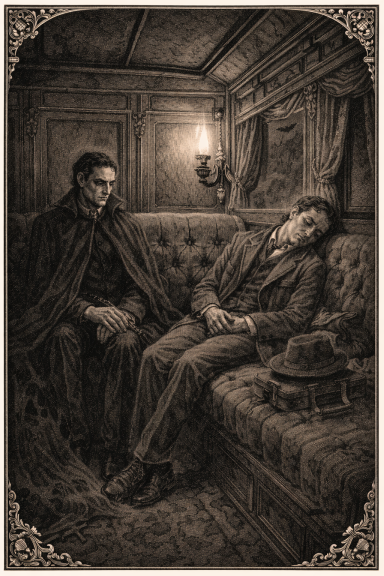 Dos hombres sentados en un lujoso vagón de tren, uno parece estar dormido.