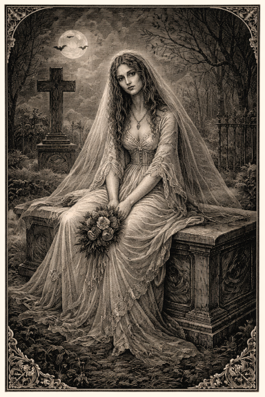 Mujer de vestido blanco con velo, sentada en una tumba, sosteniendo un ramo de flores.